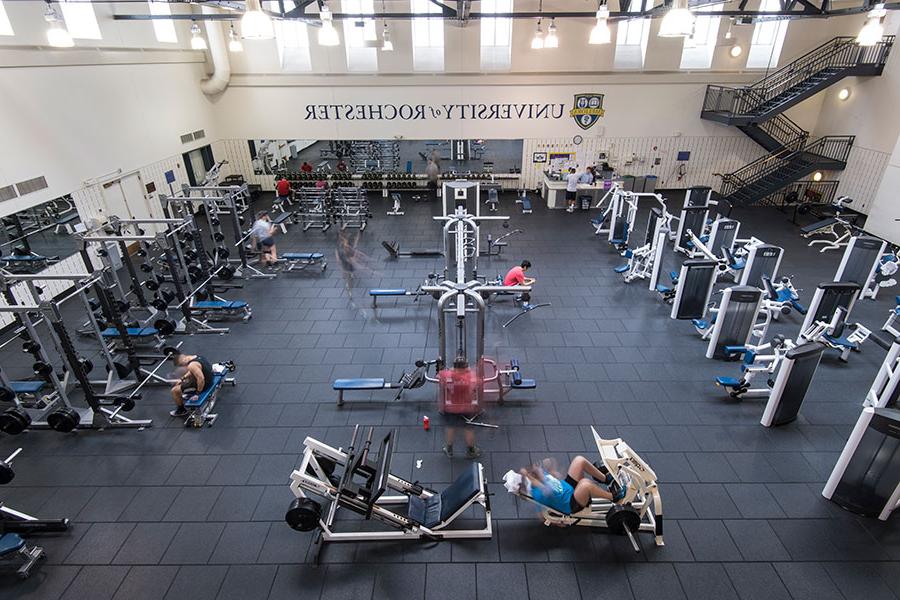 An aerial view of the inside of Bloch Fitness Center.