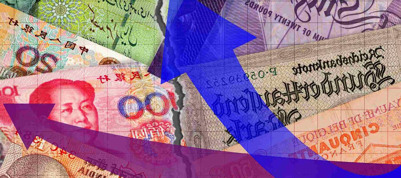 Various international currencies overlaid with blue and purple arrows that diverge illustrating revenue collection.