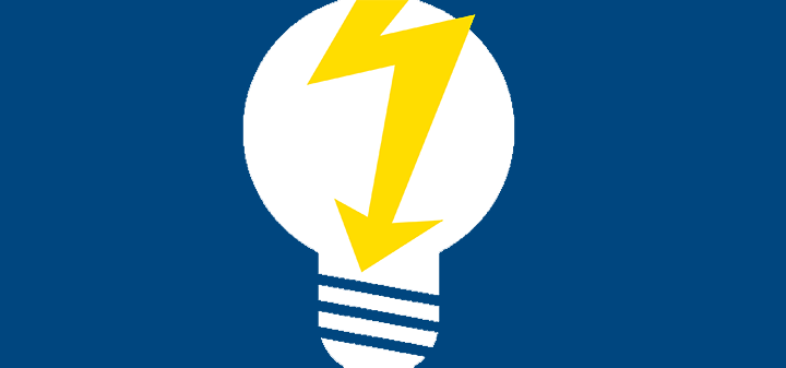电源故障图标，白色灯泡与黄色的电子箭头在蓝色背景